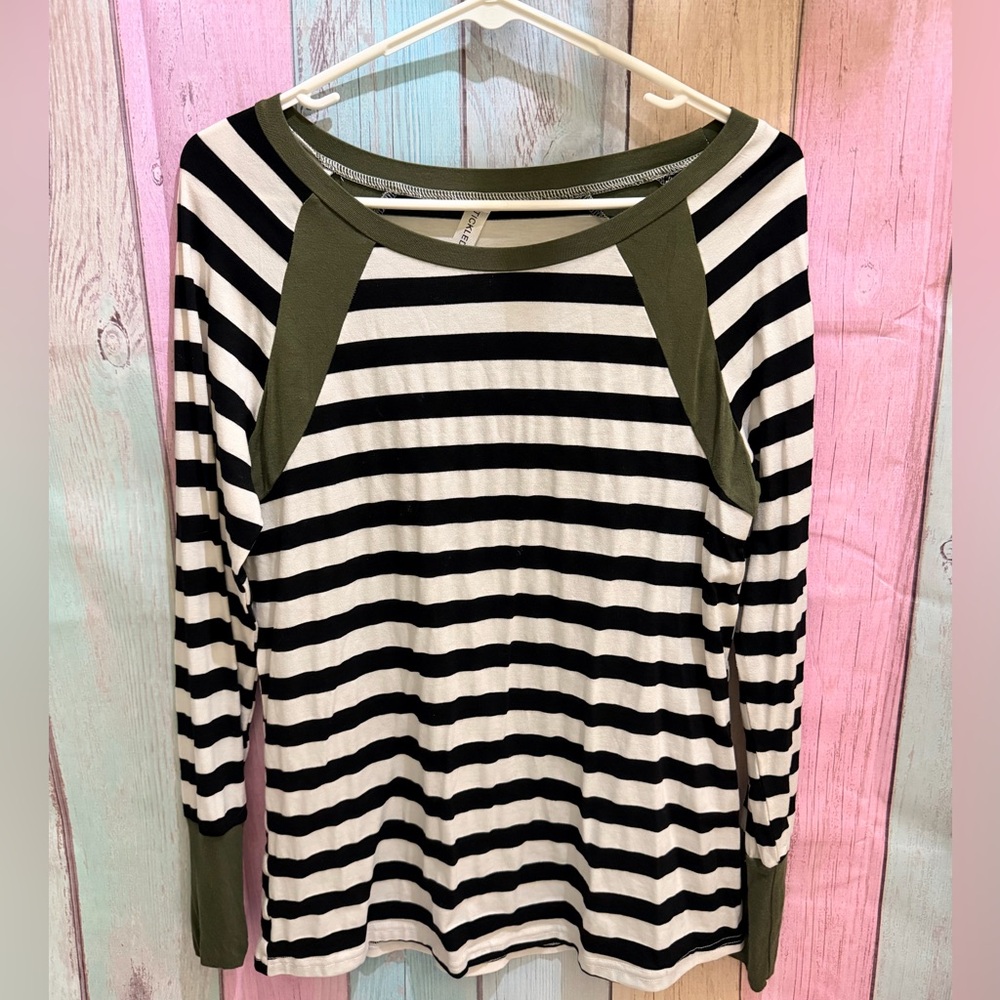 Tickled Teal Black and White Striped Top with Green Accents